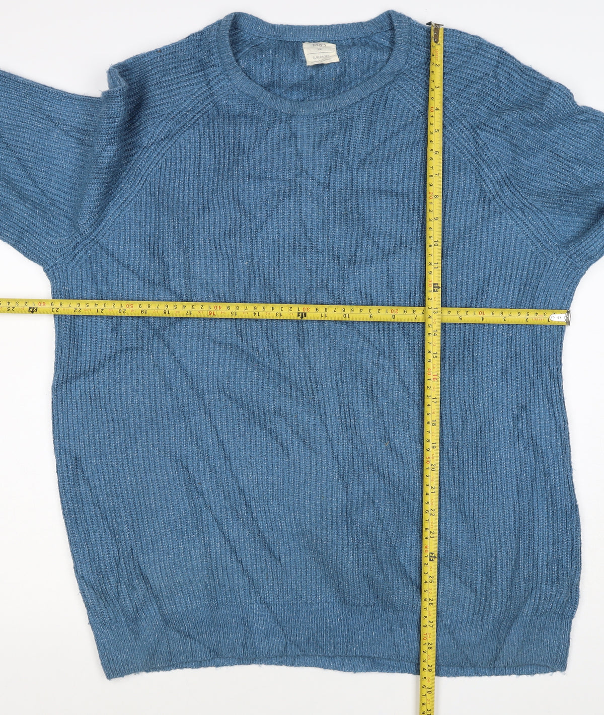 Marks & Spencer Men Blue XL Supersoft Wool Rib Knit Crew Neck Jumper