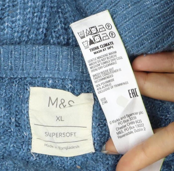 Marks & Spencer Men Blue XL Supersoft Wool Rib Knit Crew Neck Jumper