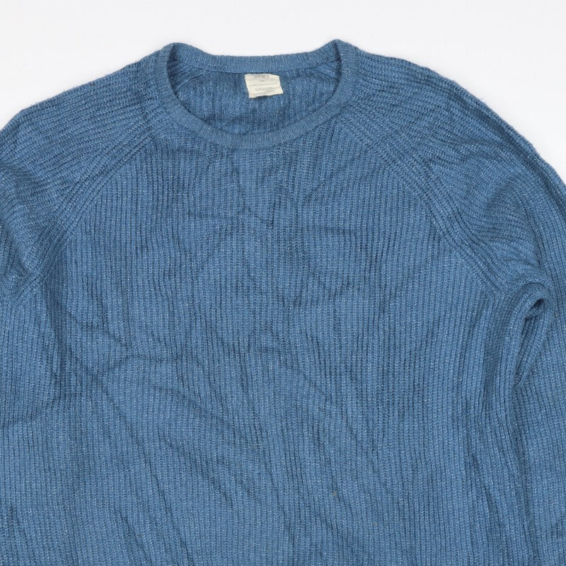 Marks & Spencer Men Blue XL Supersoft Wool Rib Knit Crew Neck Jumper