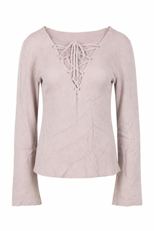 Motel Women’s Pink M Lace-Up V-Neck Bell Sleeve Ribbed Jumper