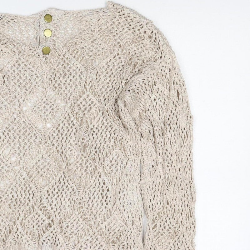 Next Women Beige Size 2 Open Knit Cable V-Neck Pullover Jumper