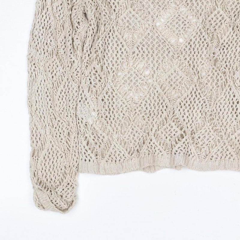 Next Women Beige Size 2 Open Knit Cable V-Neck Pullover Jumper