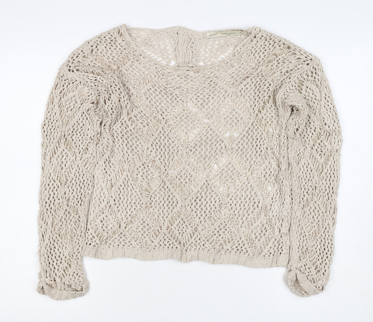 Next Women Beige Size 2 Open Knit Cable V-Neck Pullover Jumper