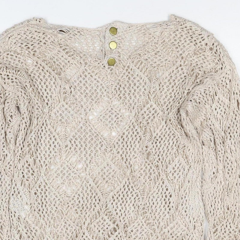 Next Women Beige Size 2 Open Knit Cable V-Neck Pullover Jumper