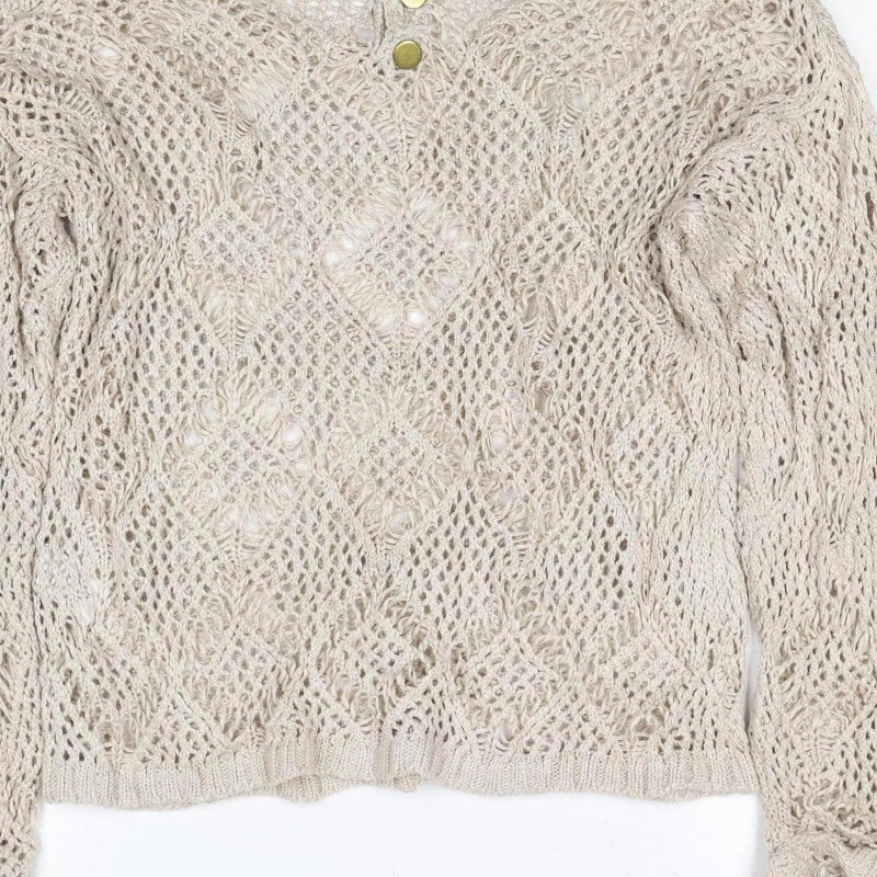 Next Women Beige Size 2 Open Knit Cable V-Neck Pullover Jumper