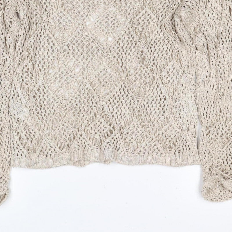 Next Women Beige Size 2 Open Knit Cable V-Neck Pullover Jumper