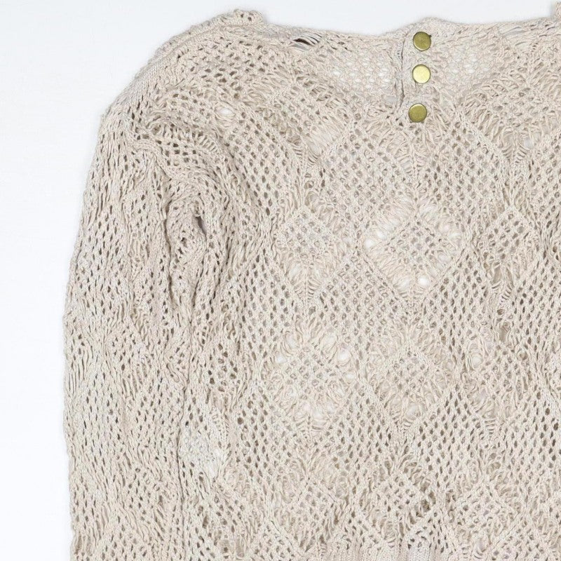 Next Women Beige Size 2 Open Knit Cable V-Neck Pullover Jumper