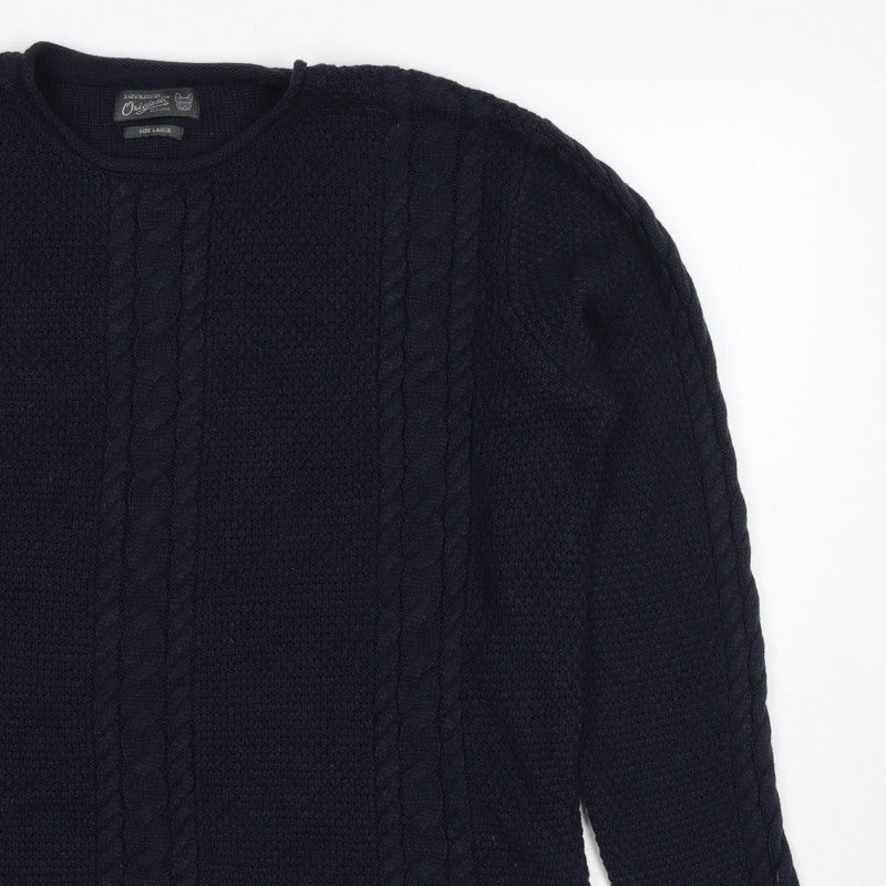 Jack & Jones Unisex Blue L Cable Knit Crew Neck Pullover Jumper