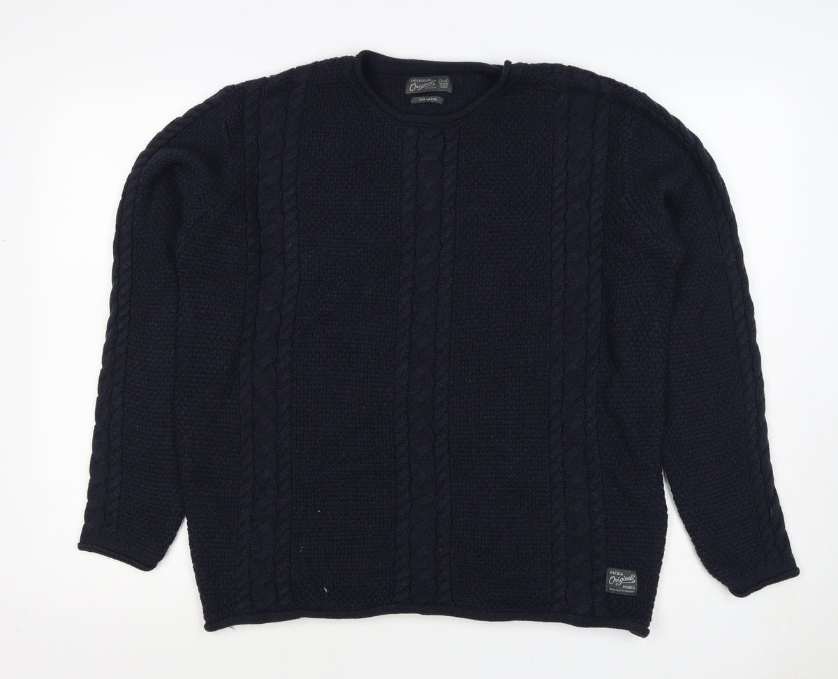 Jack & Jones Unisex Blue L Cable Knit Crew Neck Pullover Jumper