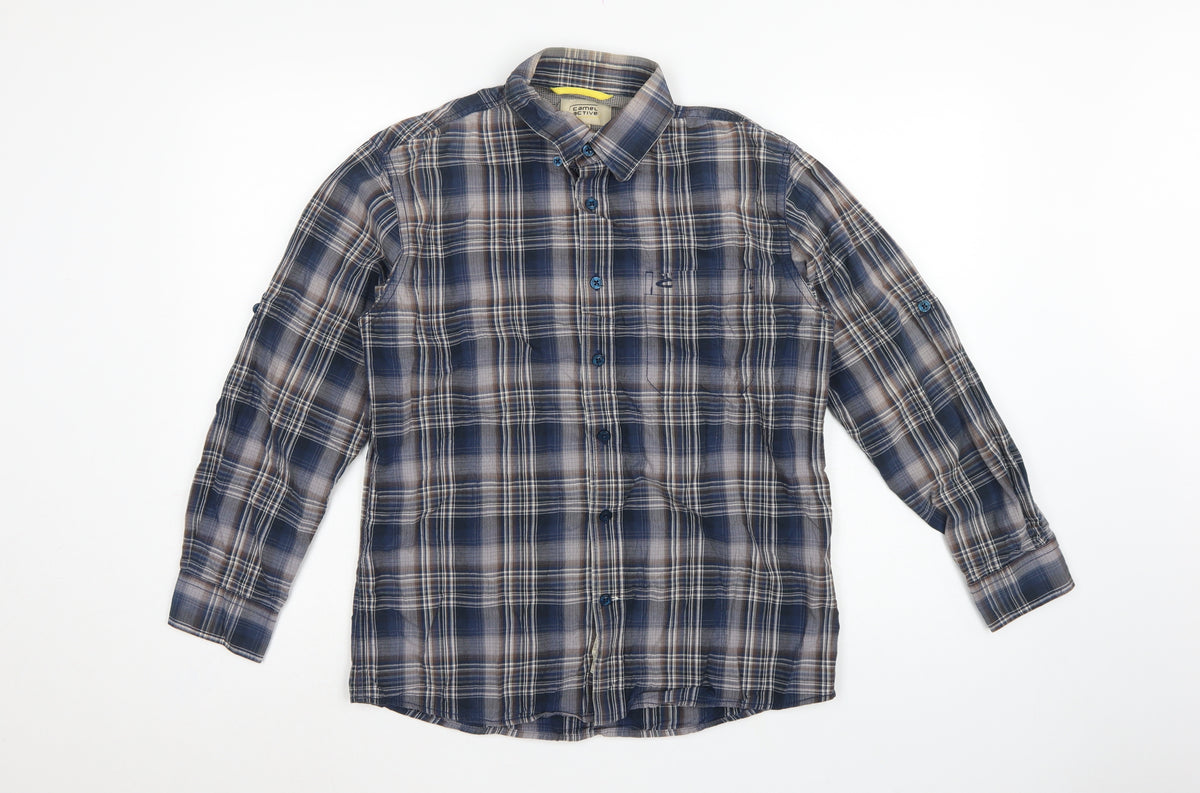 Camel Active Men's Blue XS Plaid Button-Down Long Sleeve Shirt