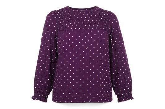 Next Women Purple Polka Dot Smocked Long Sleeve Blouse UK 16