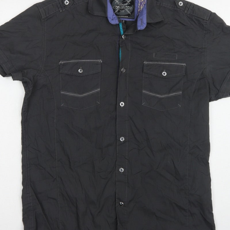 Drift Men’s Black Small Military Pocket Short Sleeve Button-Up Shirt