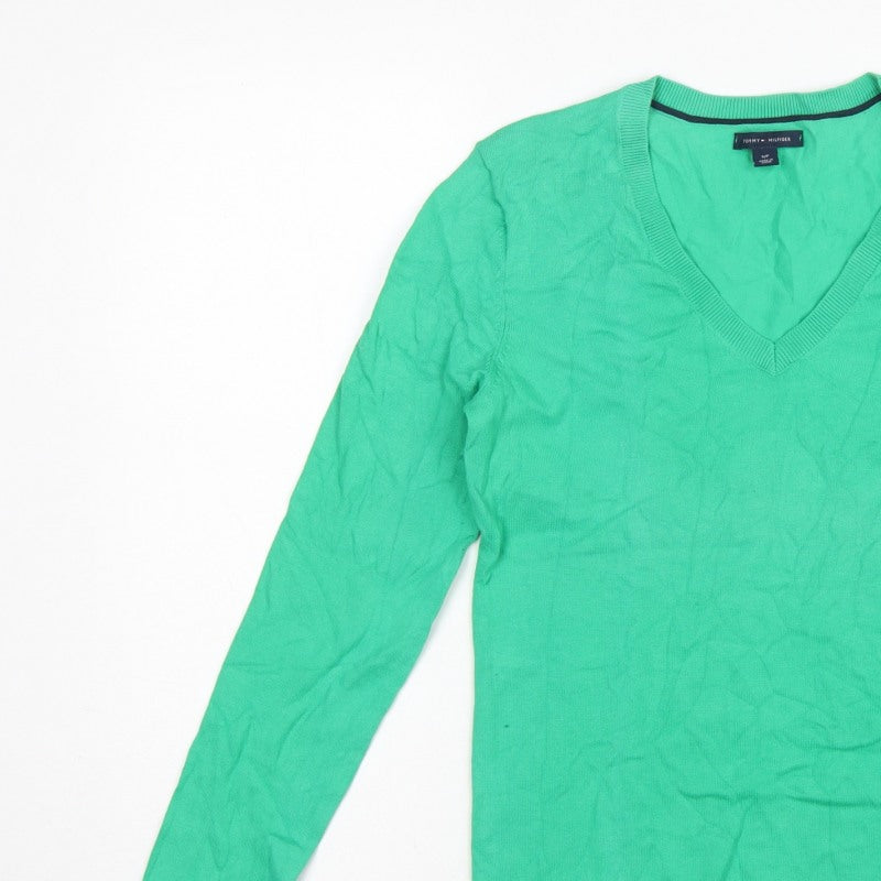 Tommy Hilfiger Women Green Small V-Neck Cotton Knit Pullover Jumper