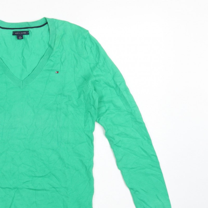 Tommy Hilfiger Women Green Small V-Neck Cotton Knit Pullover Jumper