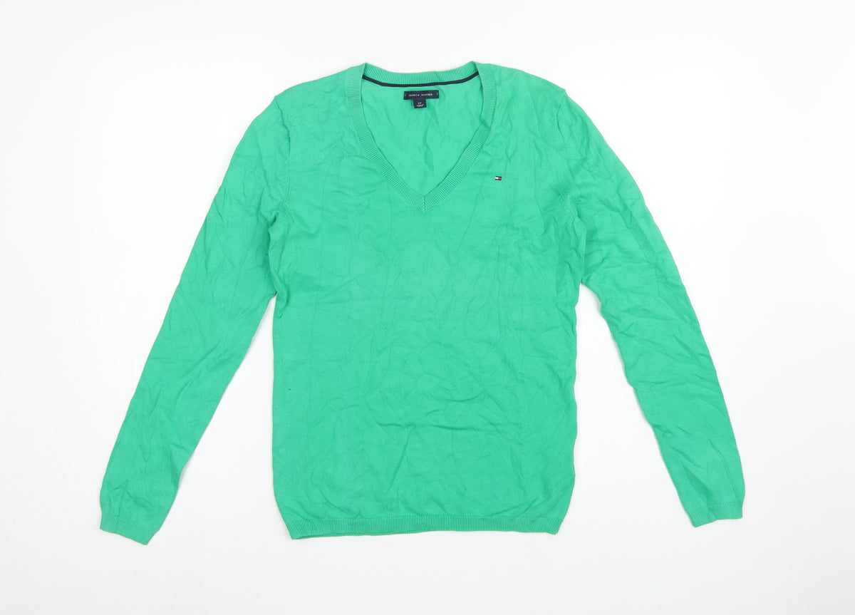Tommy Hilfiger Women Green Small V-Neck Cotton Knit Pullover Jumper