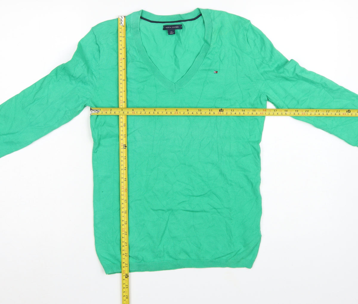 Tommy Hilfiger Women Green Small V-Neck Cotton Knit Pullover Jumper