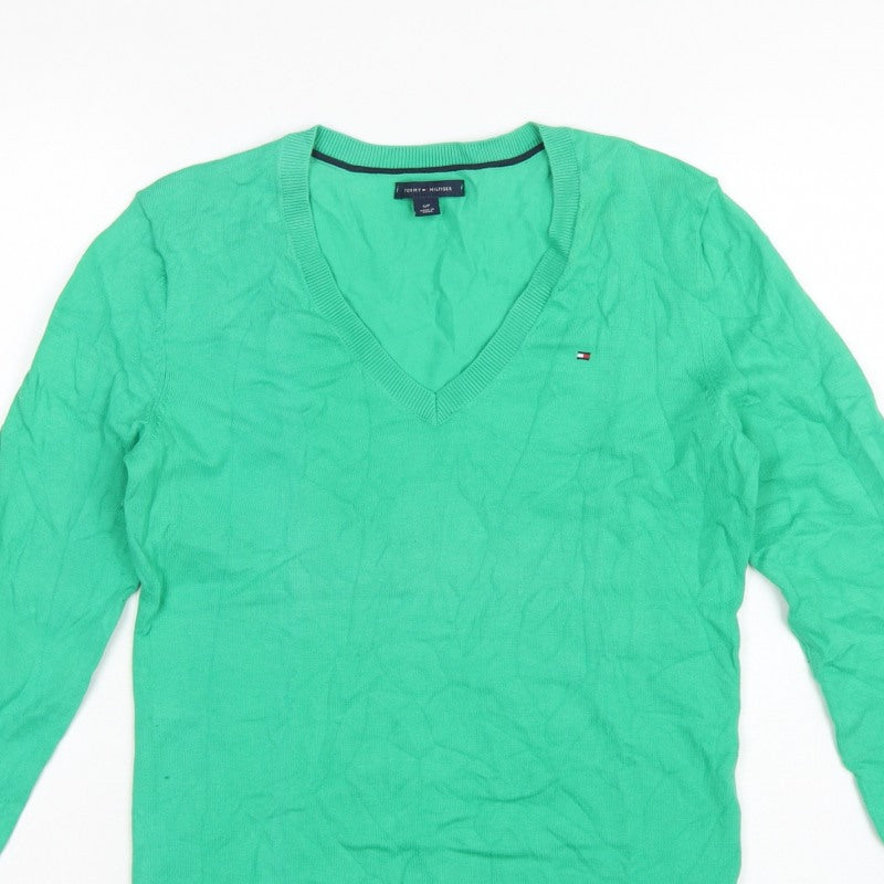 Tommy Hilfiger Women Green Small V-Neck Cotton Knit Pullover Jumper