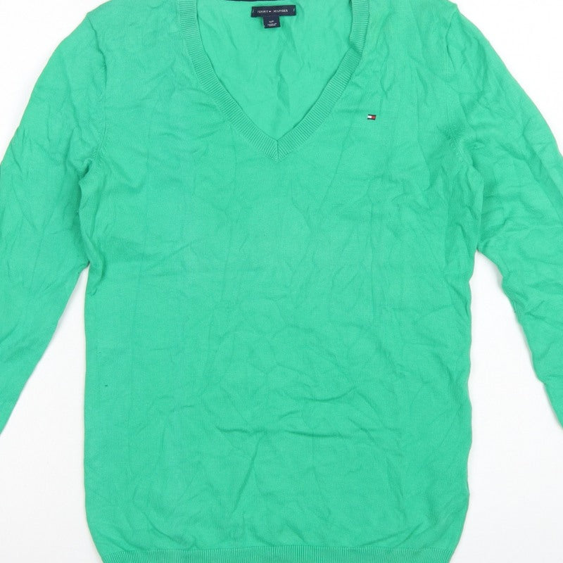 Tommy Hilfiger Women Green Small V-Neck Cotton Knit Pullover Jumper
