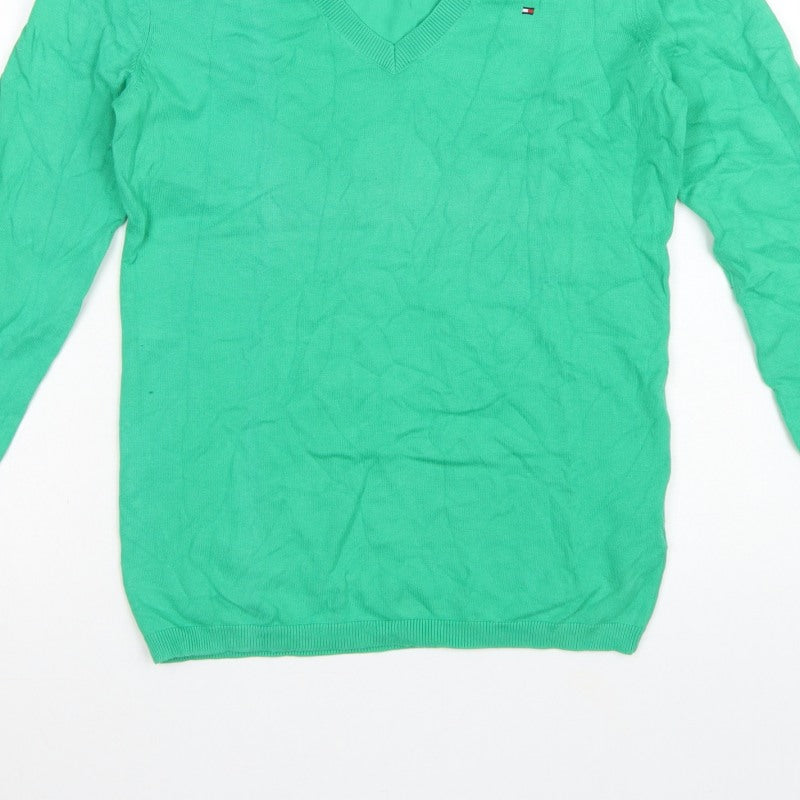 Tommy Hilfiger Women Green Small V-Neck Cotton Knit Pullover Jumper