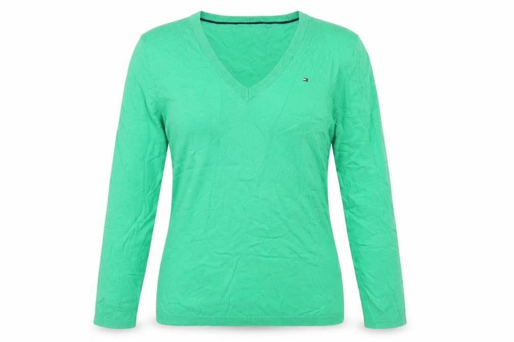Tommy Hilfiger Women Green Small V-Neck Cotton Knit Pullover Jumper