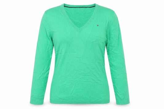 Tommy Hilfiger Women Green Small V-Neck Cotton Knit Pullover Jumper