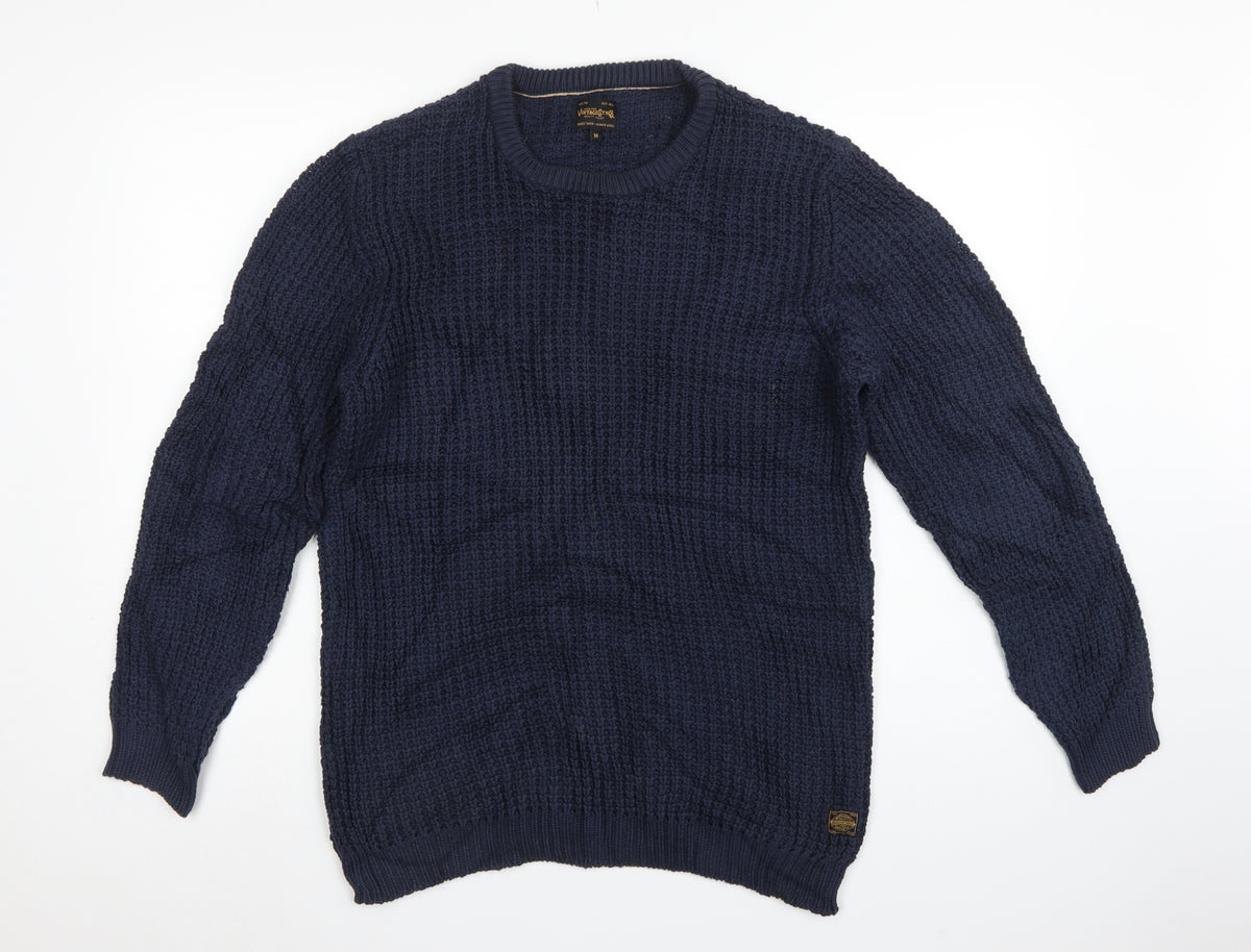 Jack & Jones Mens Blue M Chunky Knit Crew Neck Cotton Pullover Jumper