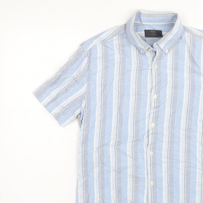 Marks and Spencer Men's Blue Stripe S Regular Button-Down Short Sleeve Shirt