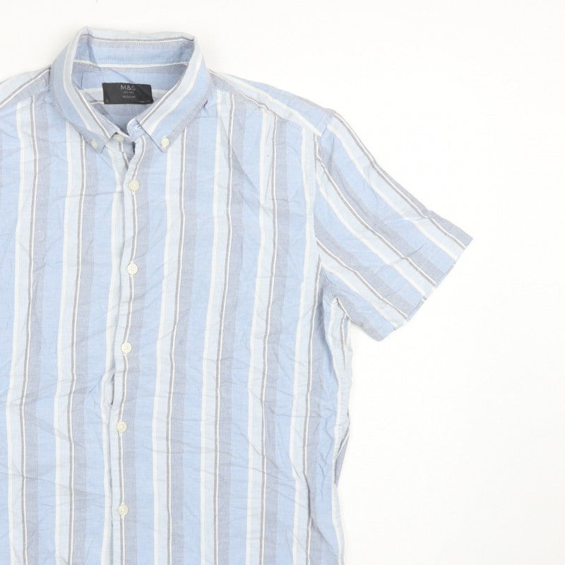 Marks and Spencer Men's Blue Stripe S Regular Button-Down Short Sleeve Shirt