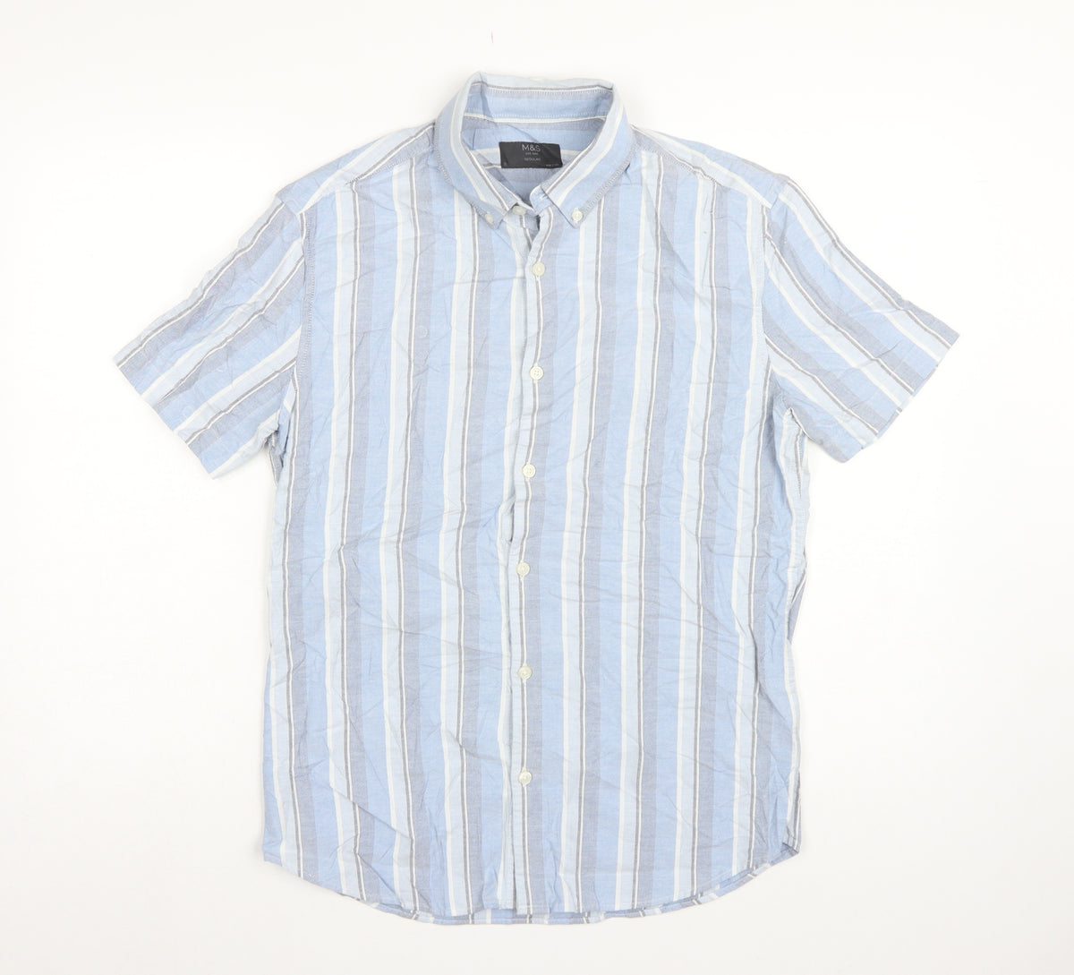 Marks and Spencer Men's Blue Stripe S Regular Button-Down Short Sleeve Shirt