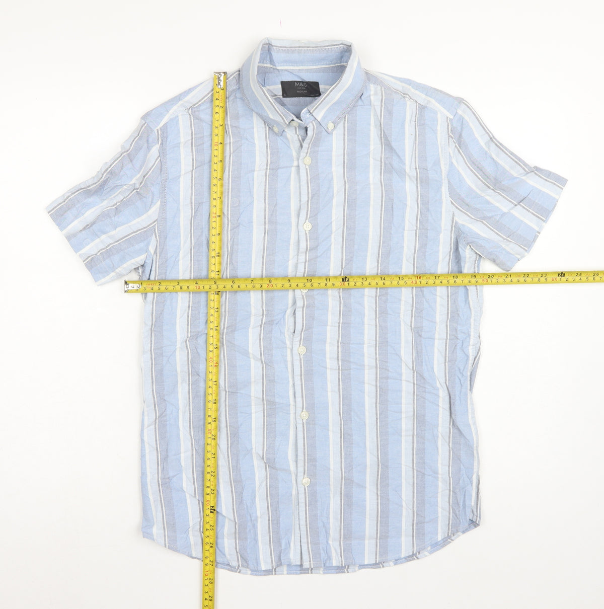 Marks and Spencer Men's Blue Stripe S Regular Button-Down Short Sleeve Shirt