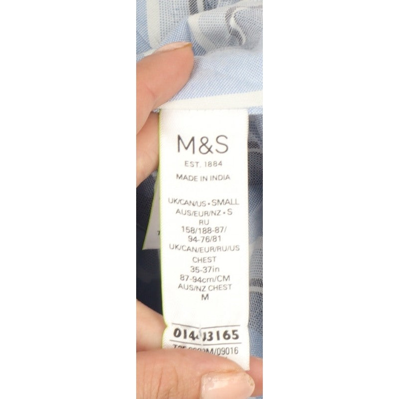 Marks and Spencer Men's Blue Stripe S Regular Button-Down Short Sleeve Shirt