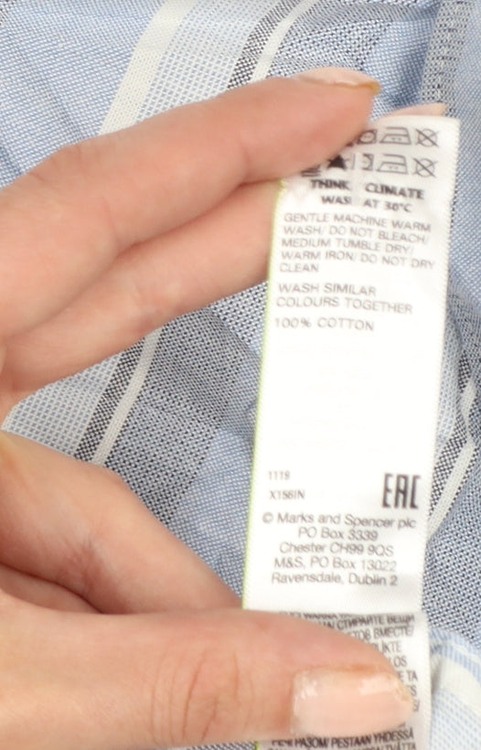 Marks and Spencer Men's Blue Stripe S Regular Button-Down Short Sleeve Shirt