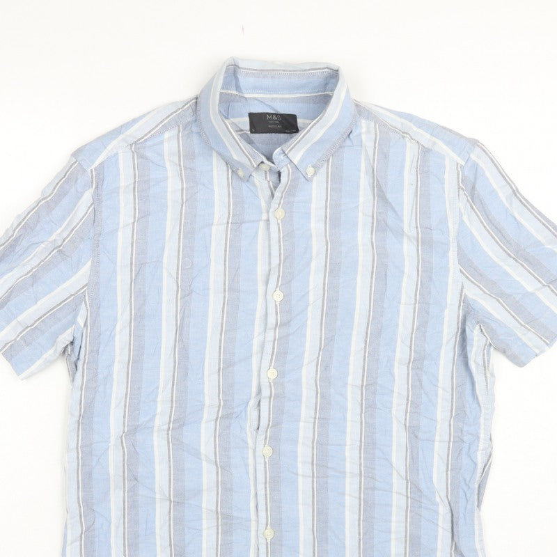 Marks and Spencer Men's Blue Stripe S Regular Button-Down Short Sleeve Shirt