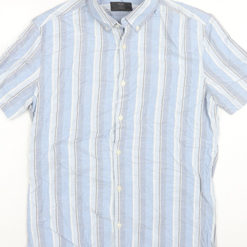 Marks and Spencer Men's Blue Stripe S Regular Button-Down Short Sleeve Shirt