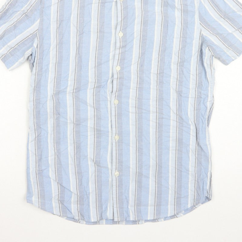 Marks and Spencer Men's Blue Stripe S Regular Button-Down Short Sleeve Shirt