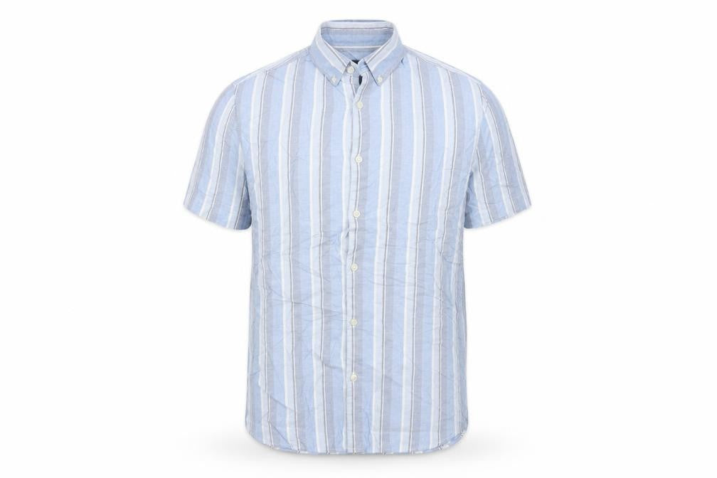 Marks and Spencer Men's Blue Stripe S Regular Button-Down Short Sleeve Shirt