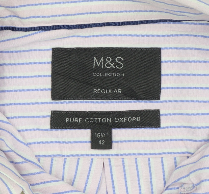 Marks & Spencer Men Pink Striped Oxford Shirt 16.5 Regular