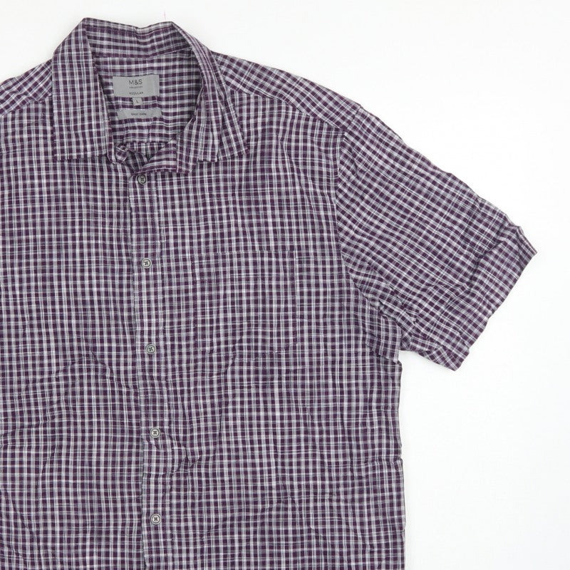 Marks and Spencer Men Purple Check Short Sleeve Button-Up Shirt L