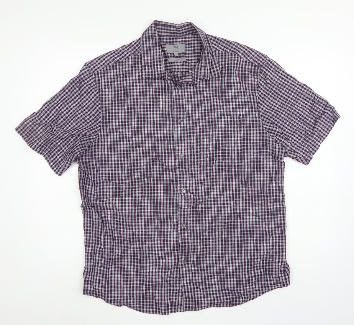 Marks and Spencer Men Purple Check Short Sleeve Button-Up Shirt L