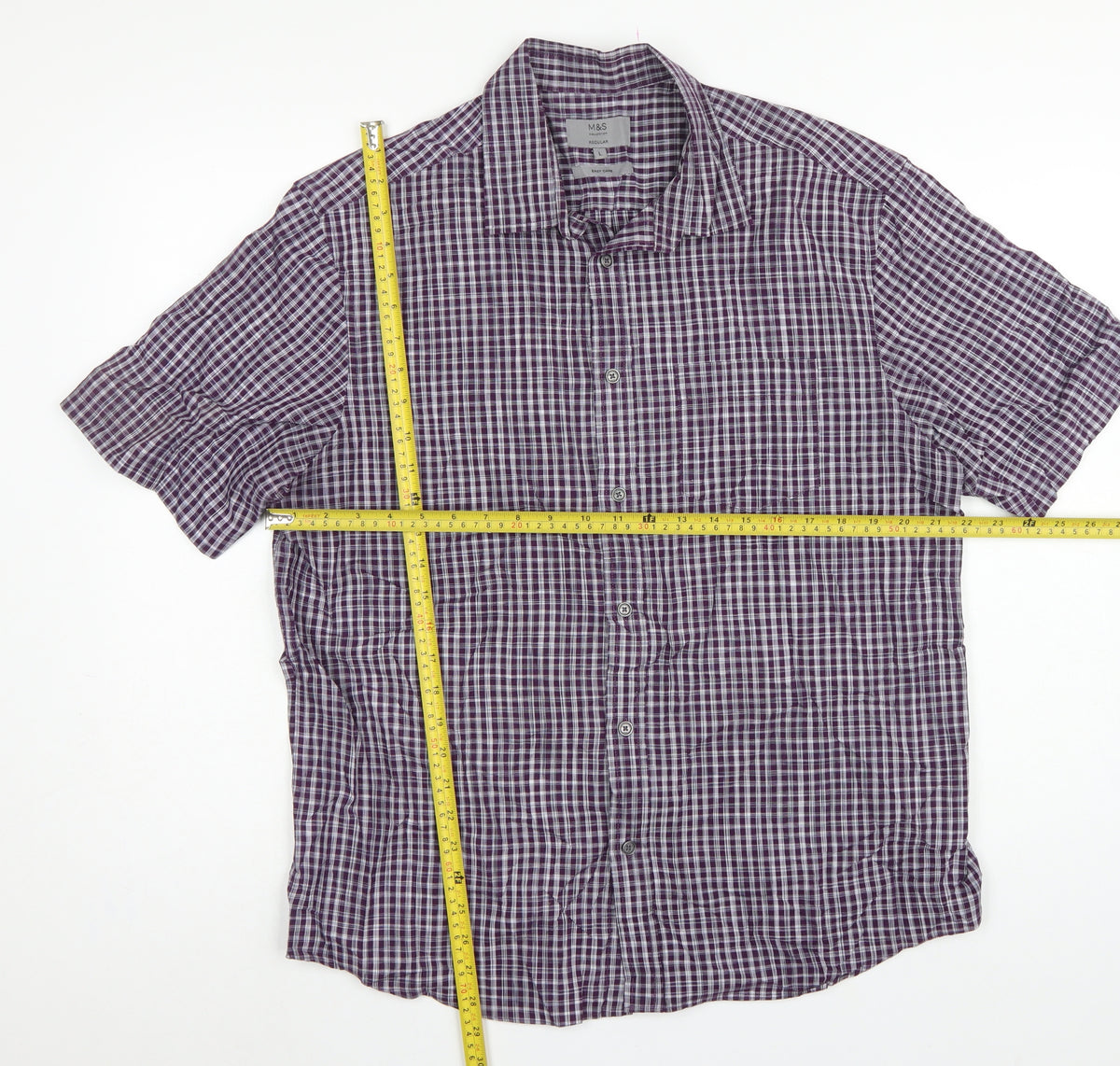 Marks and Spencer Men Purple Check Short Sleeve Button-Up Shirt L