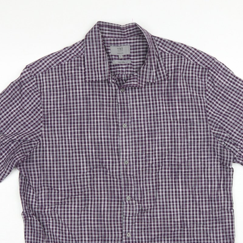 Marks and Spencer Men Purple Check Short Sleeve Button-Up Shirt L