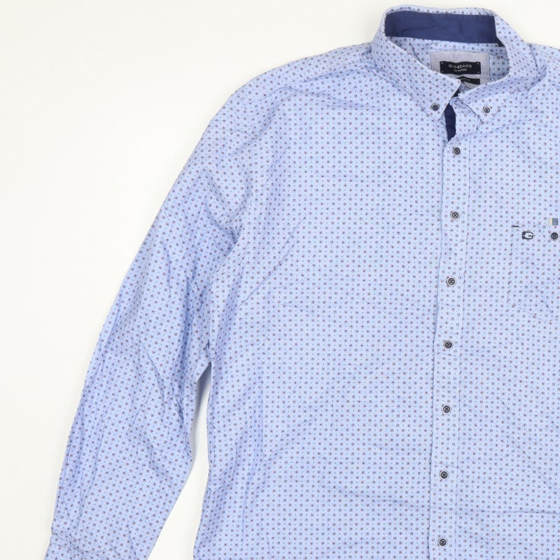 Giordano Men’s Blue XL Geometric Button-Down Cotton Shirt