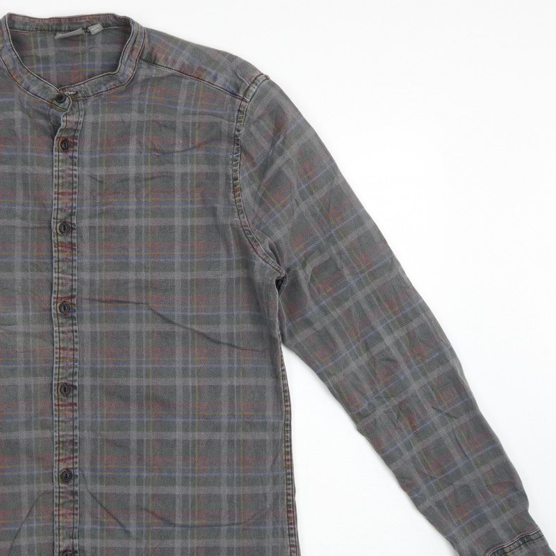ASOS Men’s Grey Check Grandad Collar Long Sleeve Shirt XL Long
