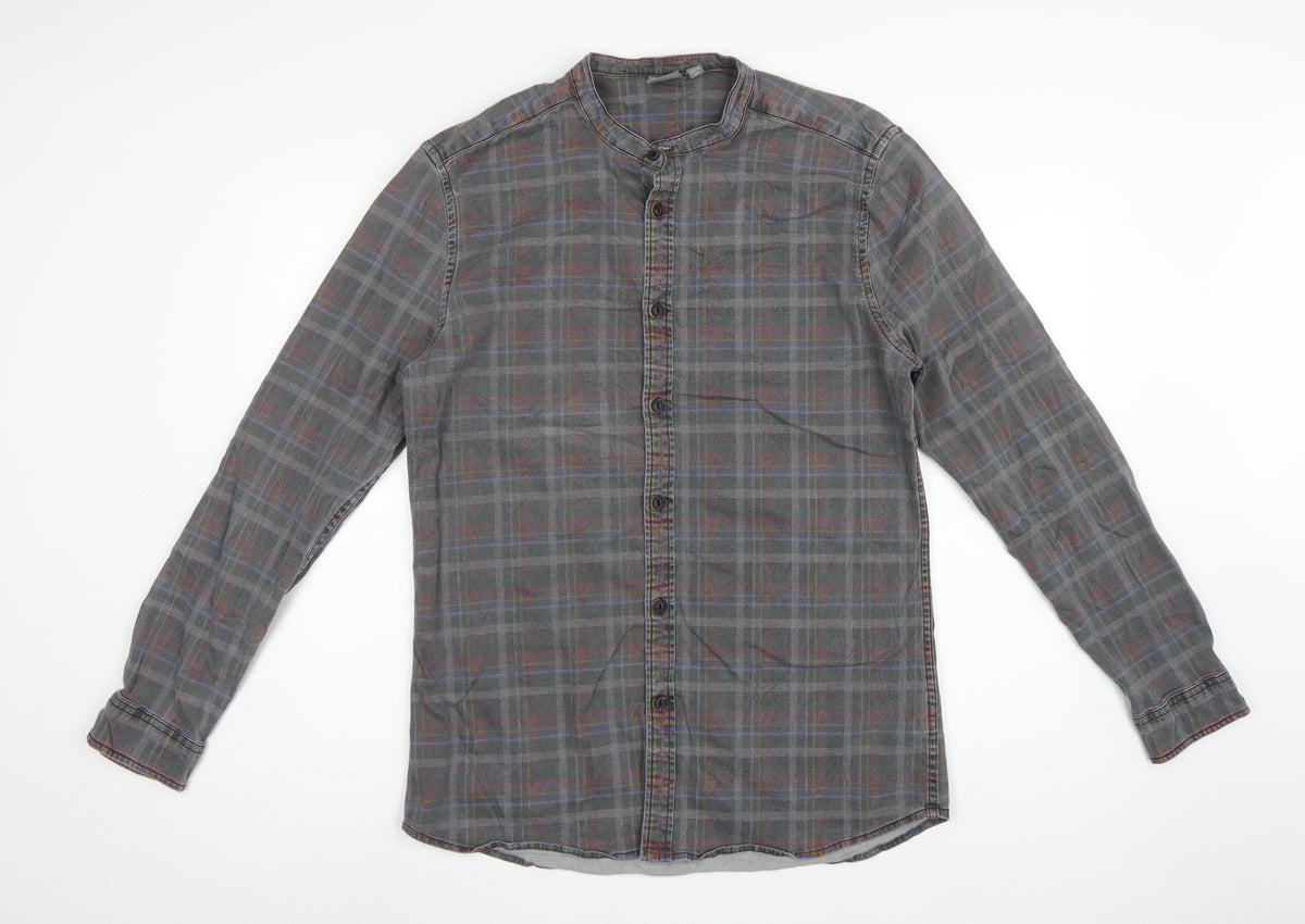 ASOS Men’s Grey Check Grandad Collar Long Sleeve Shirt XL Long