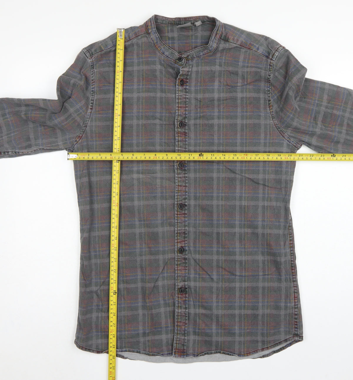 ASOS Men’s Grey Check Grandad Collar Long Sleeve Shirt XL Long