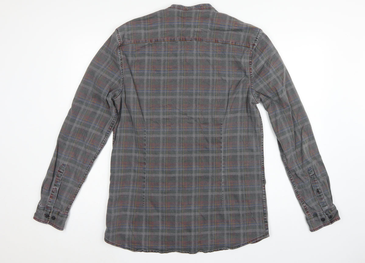 ASOS Men’s Grey Check Grandad Collar Long Sleeve Shirt XL Long