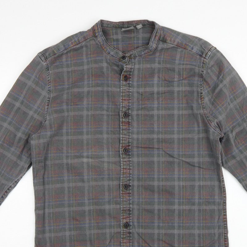 ASOS Men’s Grey Check Grandad Collar Long Sleeve Shirt XL Long