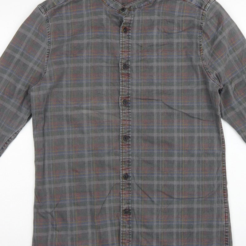 ASOS Men’s Grey Check Grandad Collar Long Sleeve Shirt XL Long