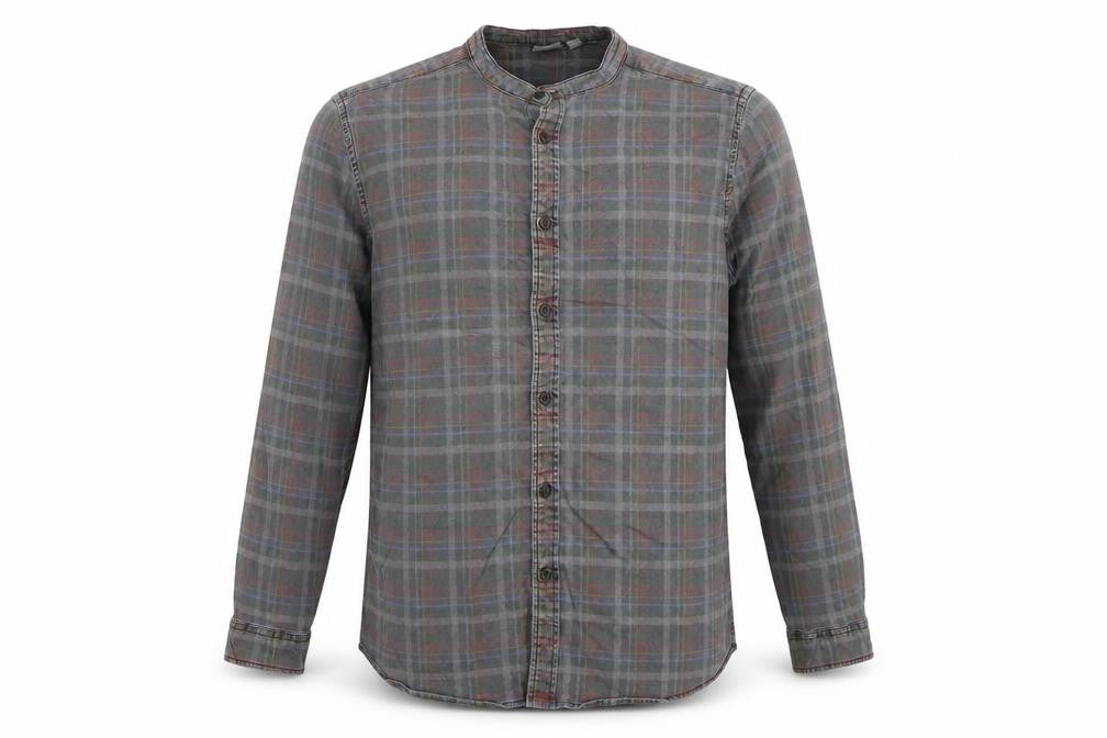 ASOS Men’s Grey Check Grandad Collar Long Sleeve Shirt XL Long