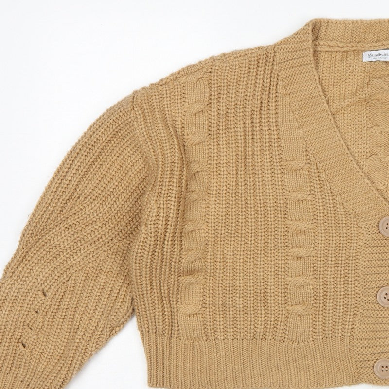 Stradivarius Women Beige M Cable Knit V-Neck Button Cardigan